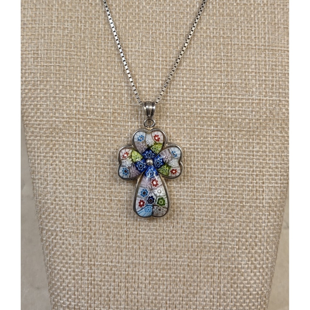 Vintage Millefiori Sterling Silver Cross Pendant 20" Sterling Box Chain Murano - Picture 2 of 7